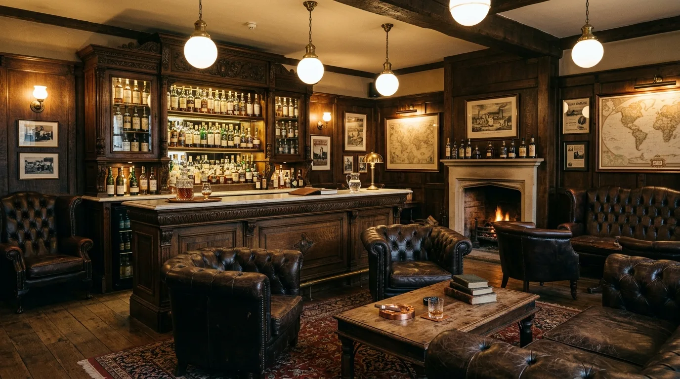 Bring in brass or aged metal for a dressed up finish inspiration for a home whiskey lounge.
